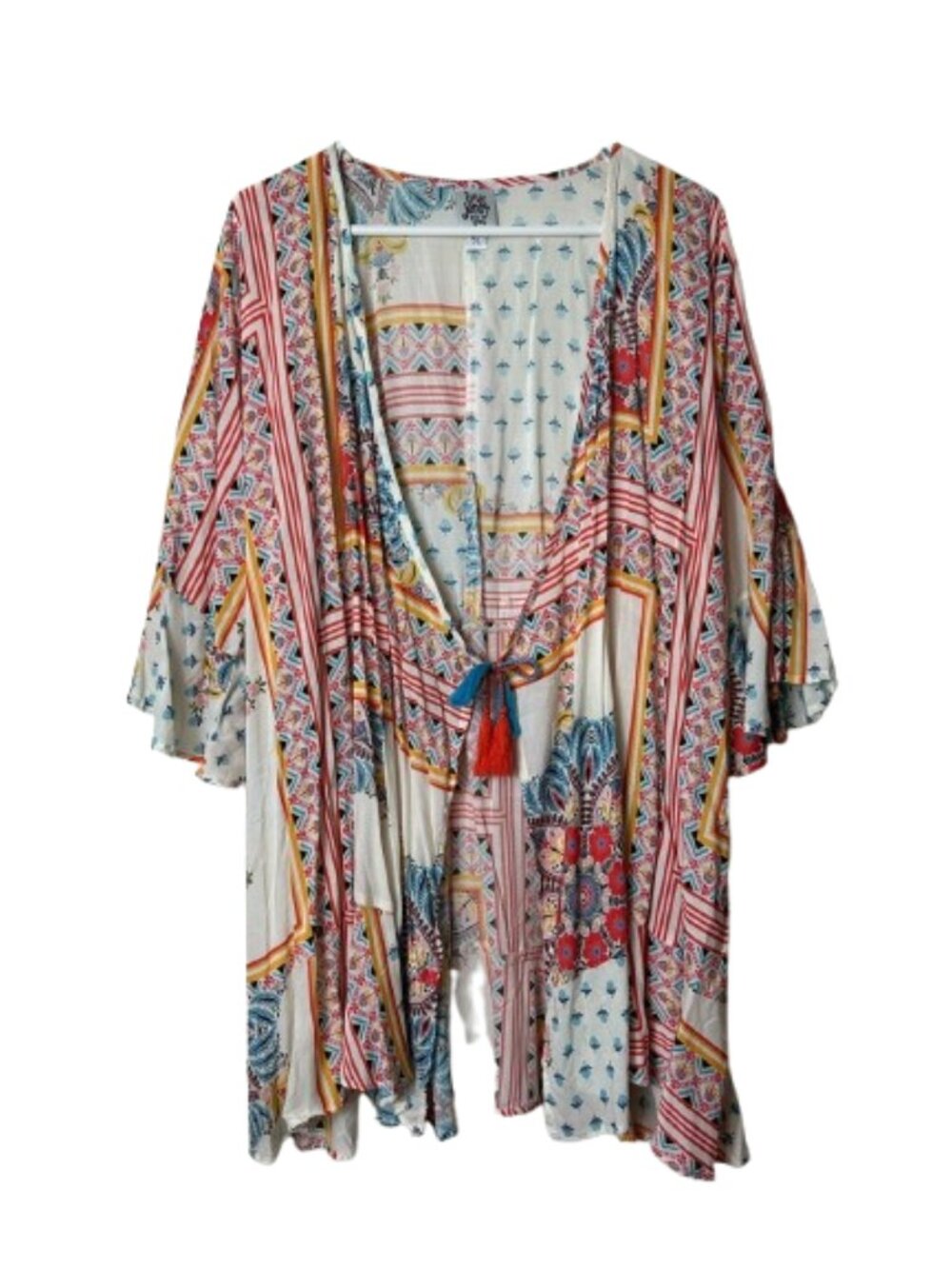 Ivy jane mixed print tassel light cover up kimono top womens M/L